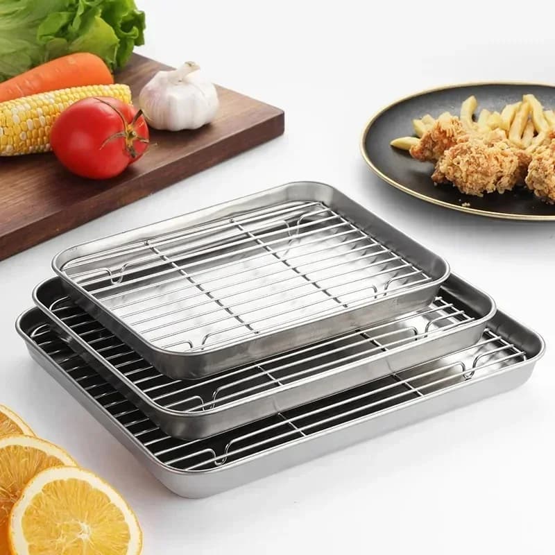 ステンレス製 網付きベーキングトレイ オーブン・BBQ・ロースト用角型天板＆ラック