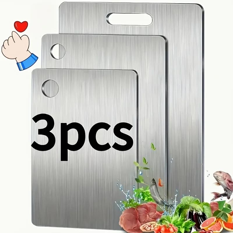 ステンレス製まな板 3枚セット - BPAフリー 食洗機対応 滑り止め＆果汁溝付き 防錆 省スペース