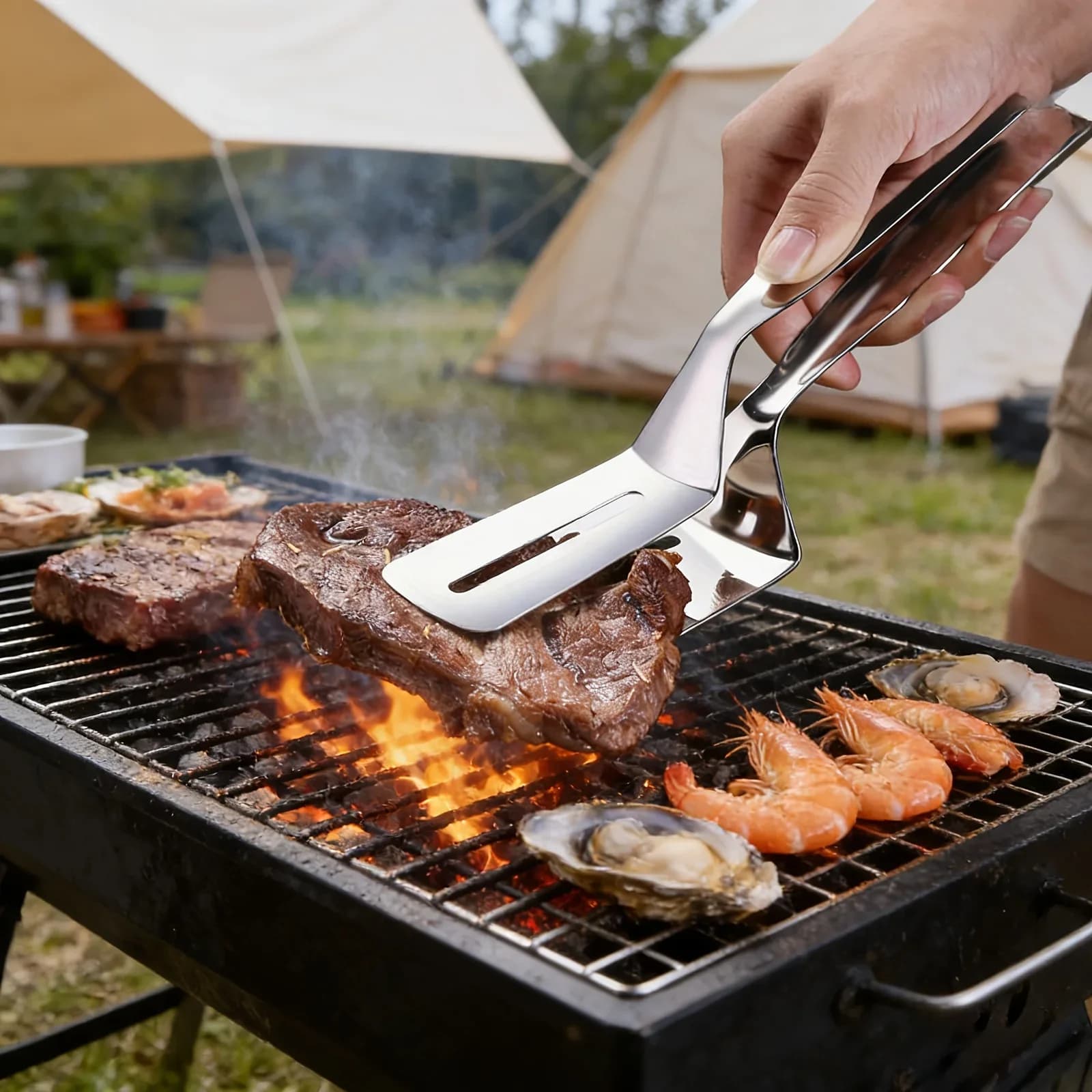 ステンレス製 ステーキトング 多機能ターナー 両面フライ返し 肉・魚・ピザ用 調理ツール