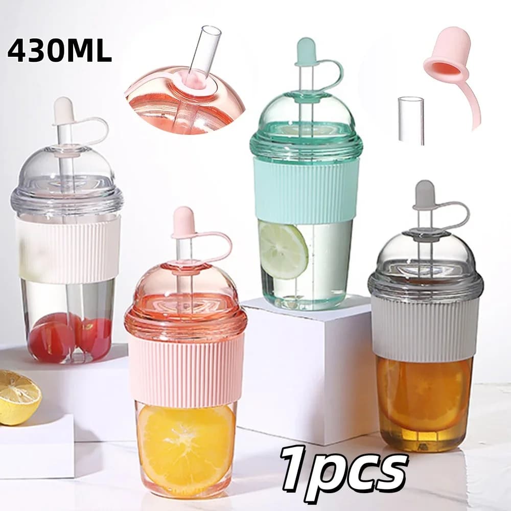 ストロー付きウォーターボトル 430ml フリップトップ 耐熱 プラスチックカップ